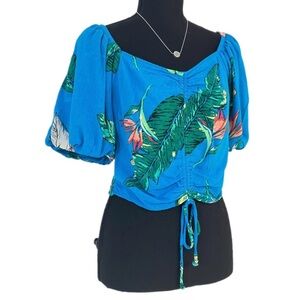 SO ~ Cropped Tropical Print Vibrant Multicolor Puff Short Sleeve Top size L
